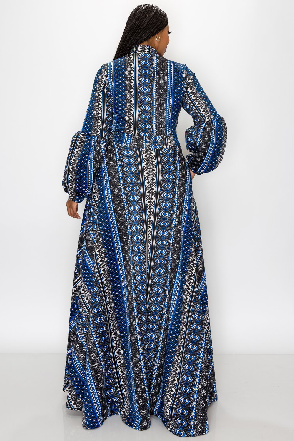 Ethnic Printed Bella Donna Dress with Ribbon and Puffed Out Sleeves