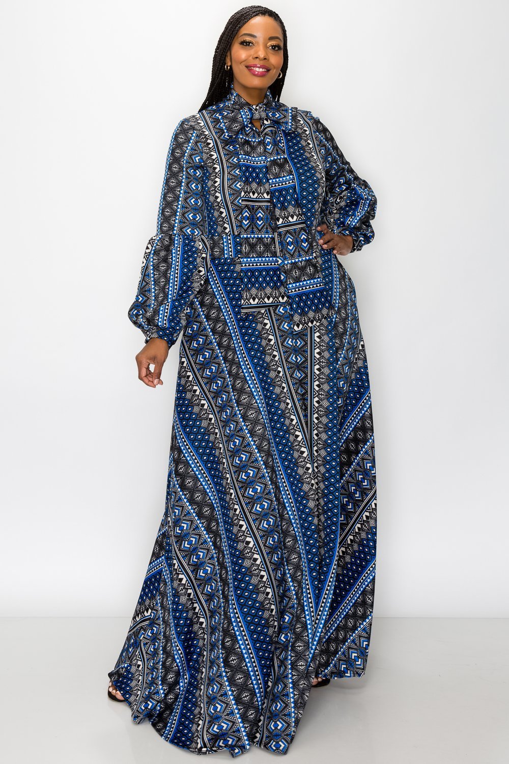 Ethnic Printed Bella Donna Dress with Ribbon and Puffed Out Sleeves