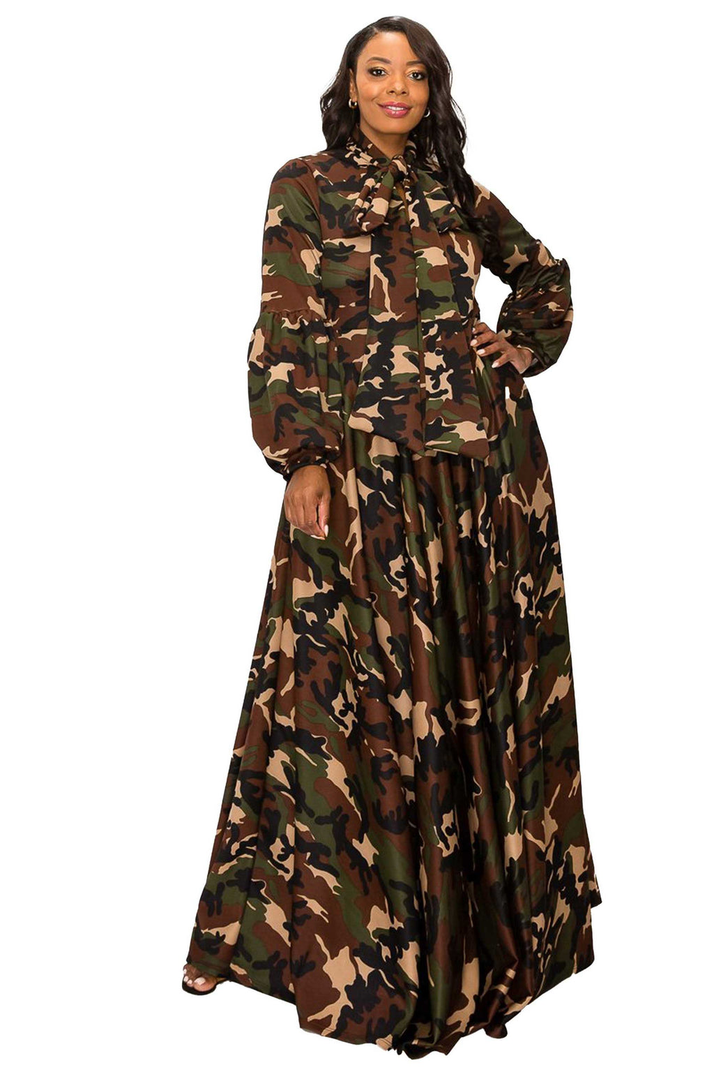 Camo Bella Donna Dress with Ribbon and Puffed Out Sleeves – L I V D