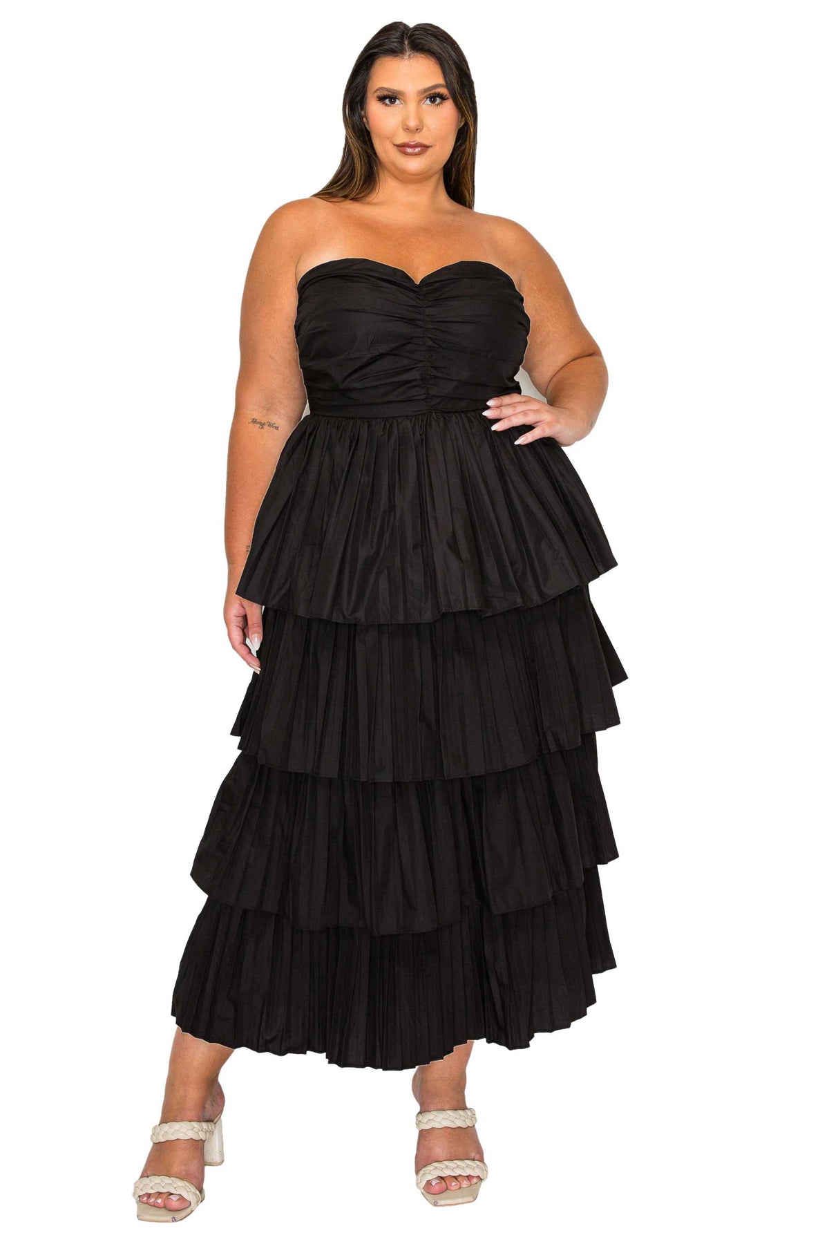 Eleni Strapless Pleated Tiered Dress