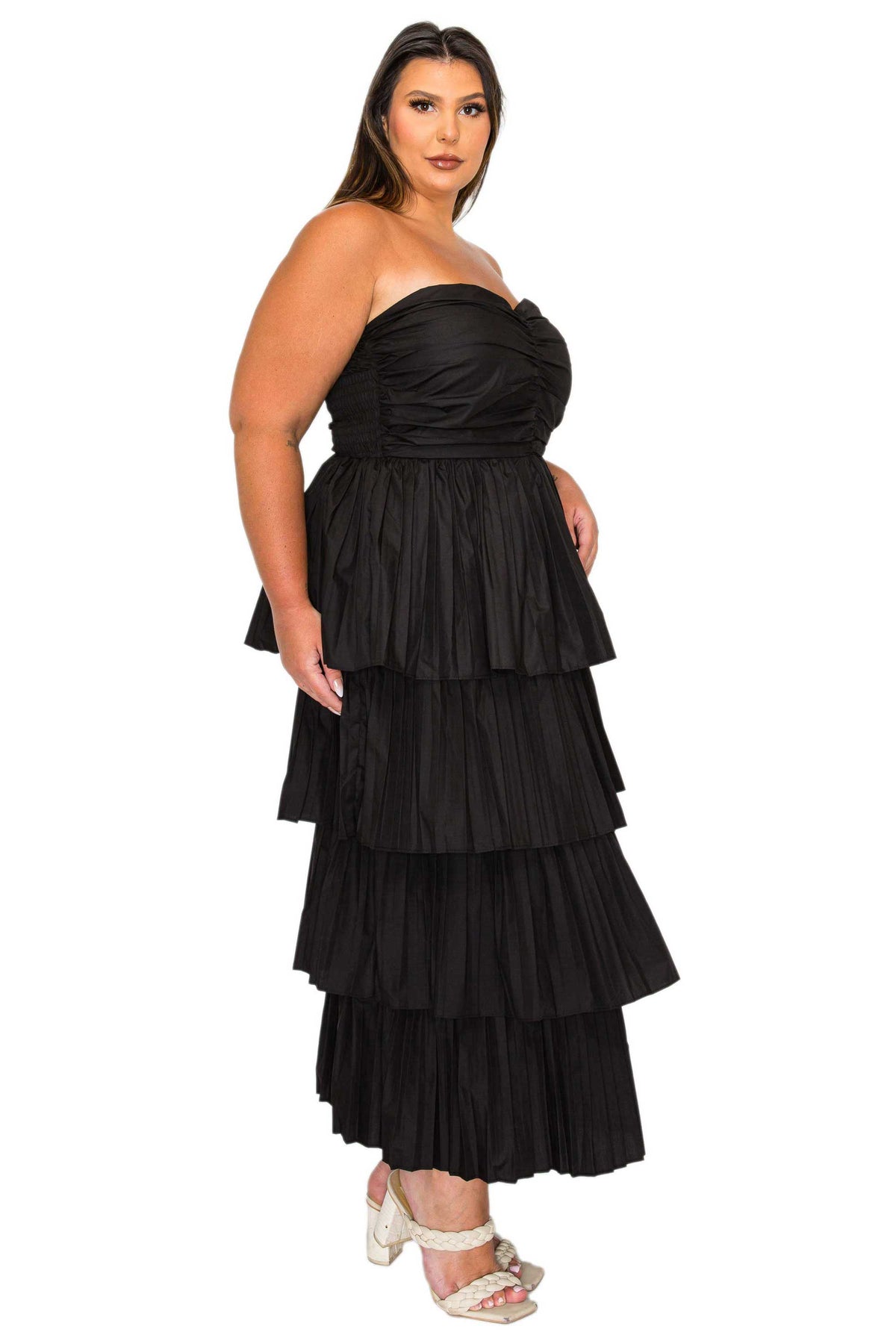 Eleni Strapless Pleated Tiered Dress