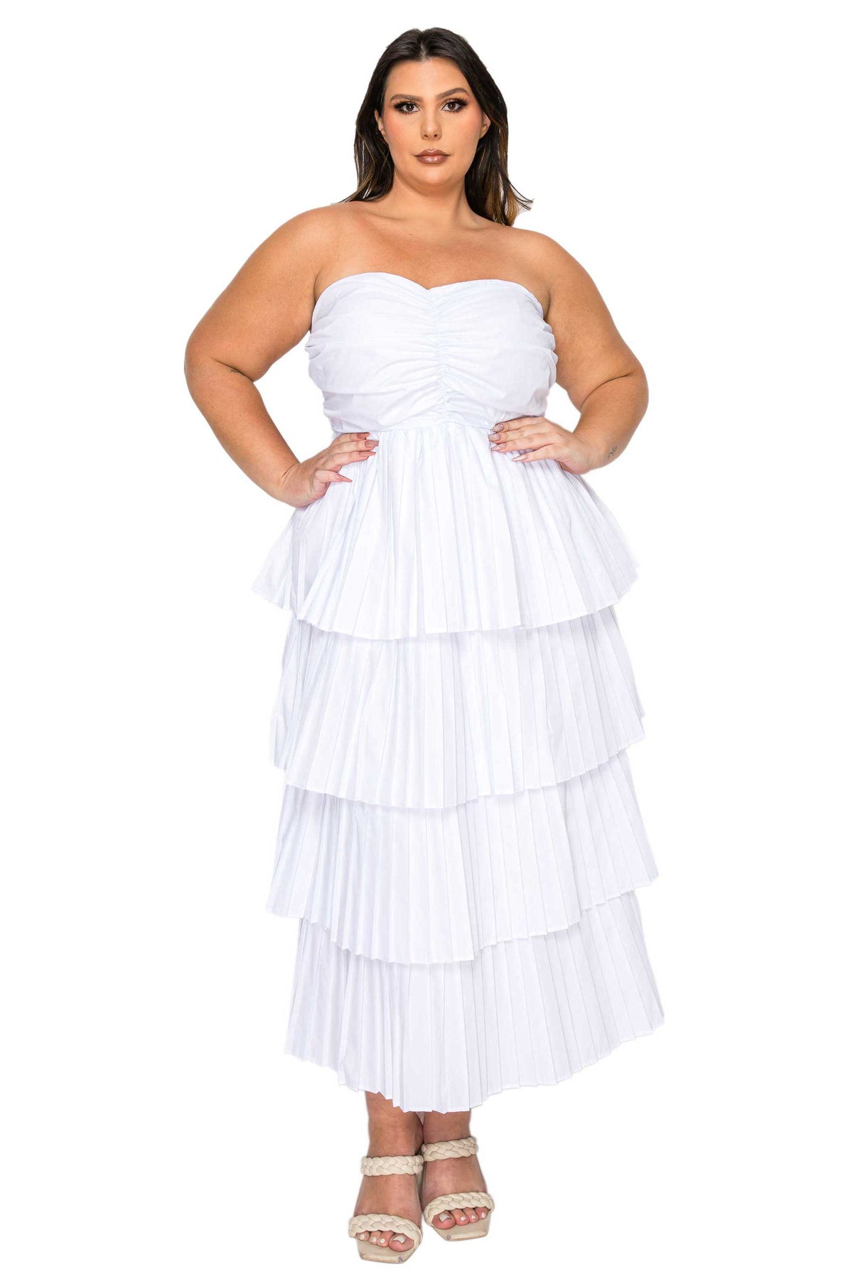 Eleni Strapless Pleated Tiered Dress