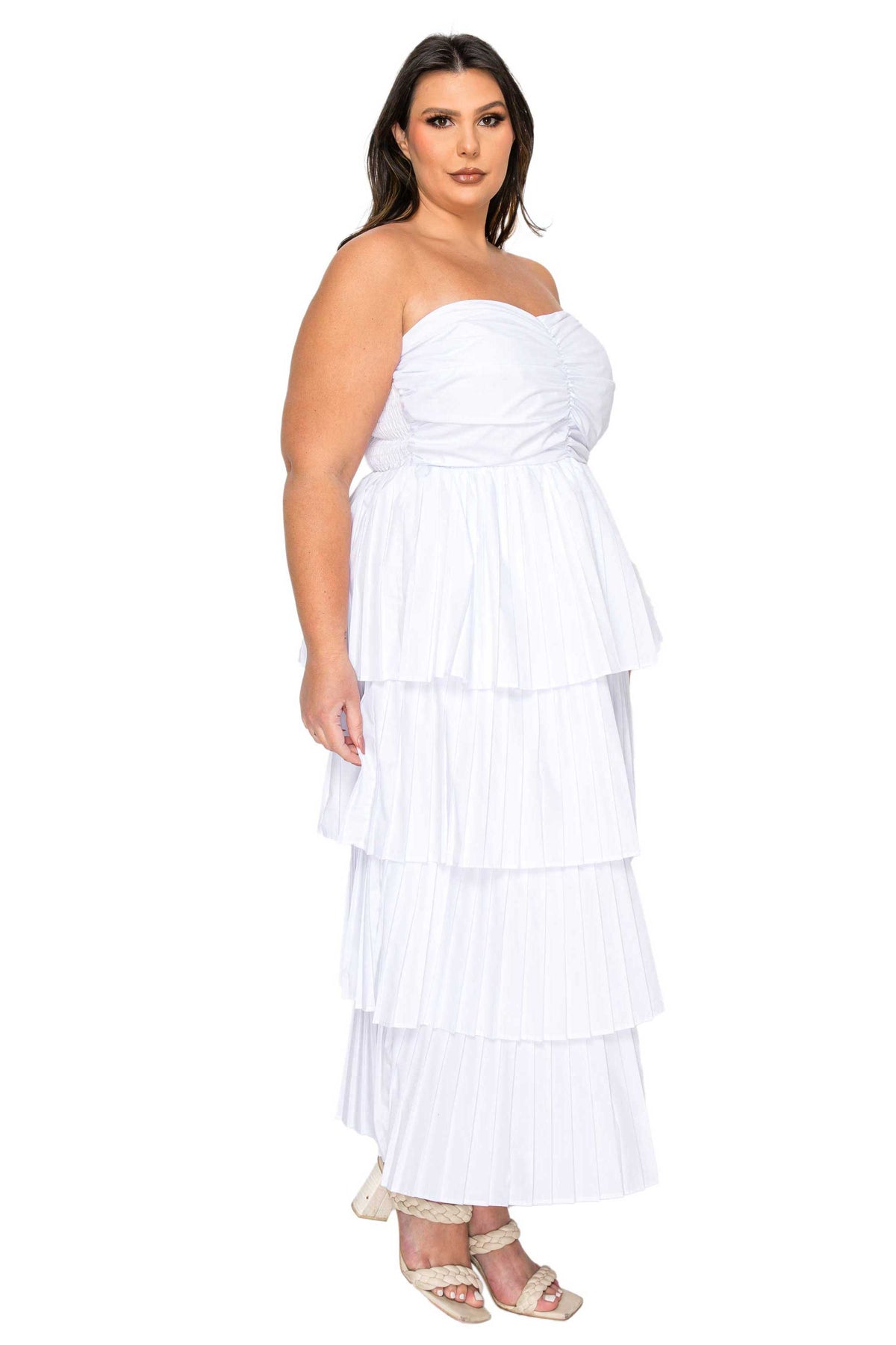 Eleni Strapless Pleated Tiered Dress