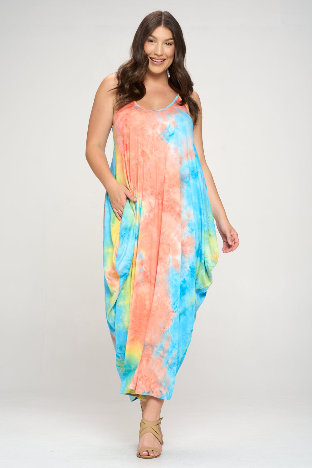 livd plus size boutique spaghetti strap harem dress in coral blue tie dye