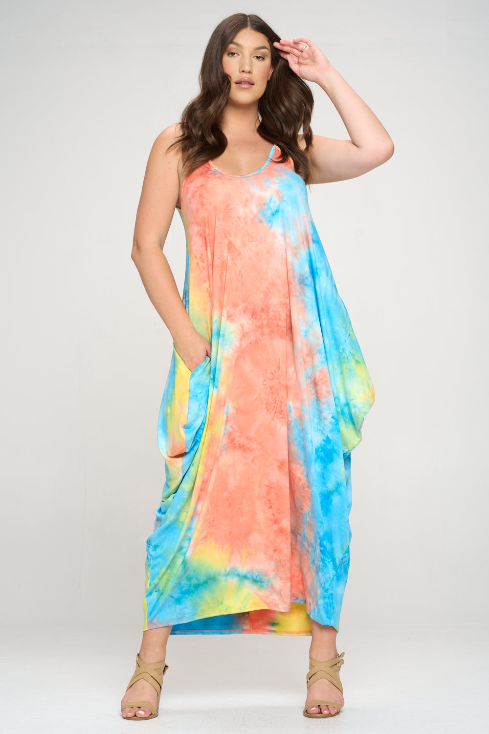 livd plus size boutique spaghetti strap harem dress in coral blue tie dye