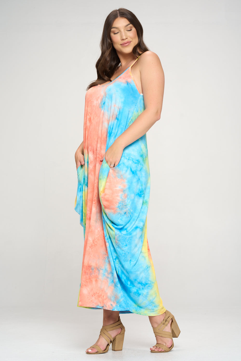 livd plus size boutique spaghetti strap harem dress in coral blue tie dye