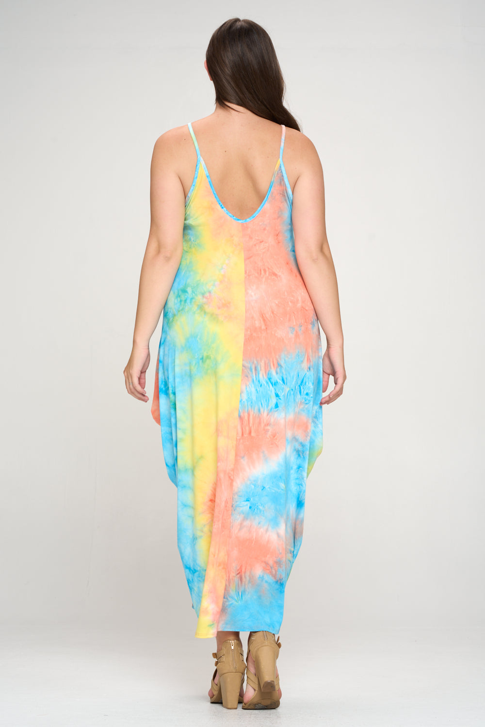 livd plus size boutique spaghetti strap harem dress in coral blue tie dye