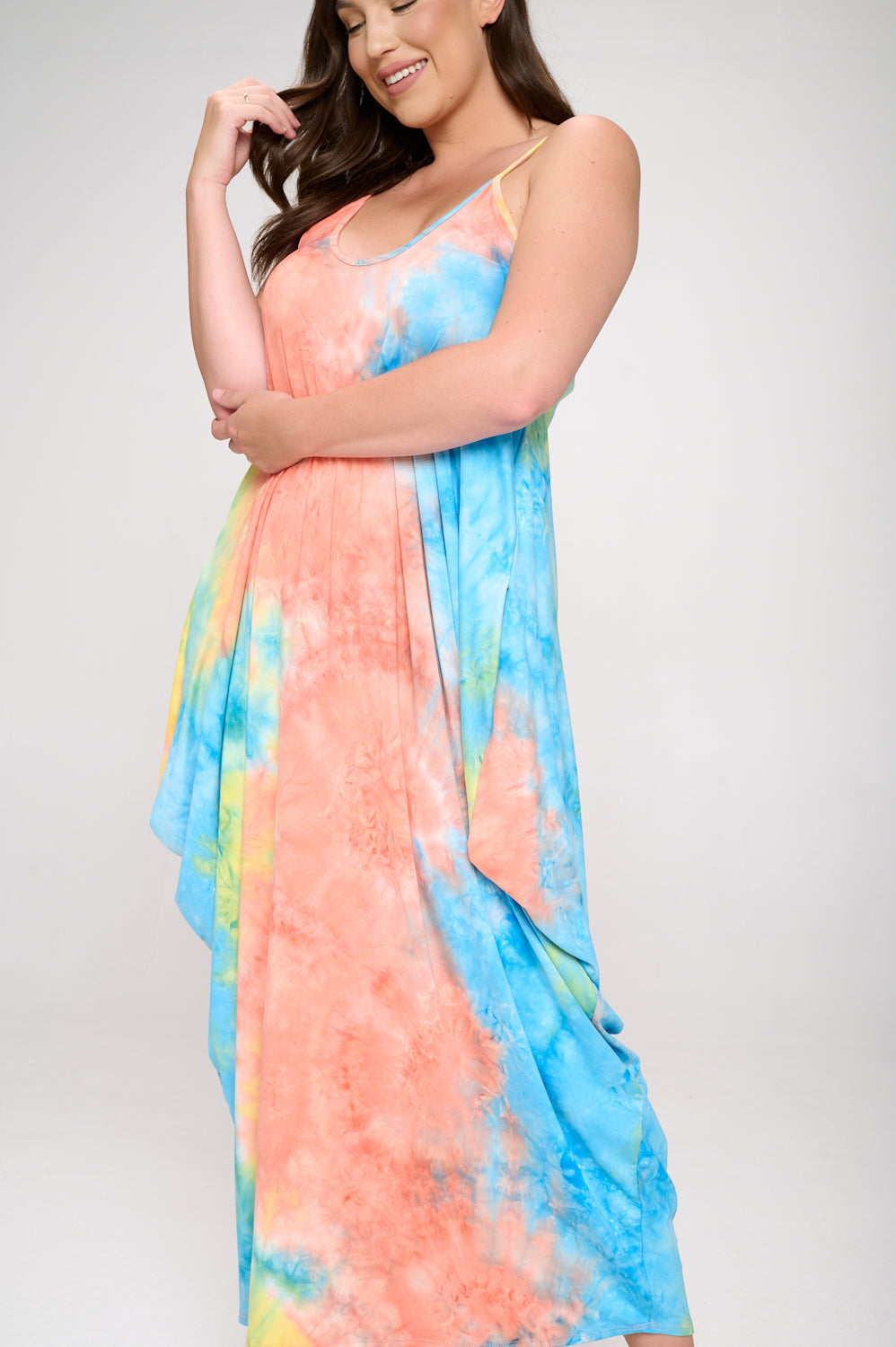 livd plus size boutique spaghetti strap harem dress in coral blue tie dye