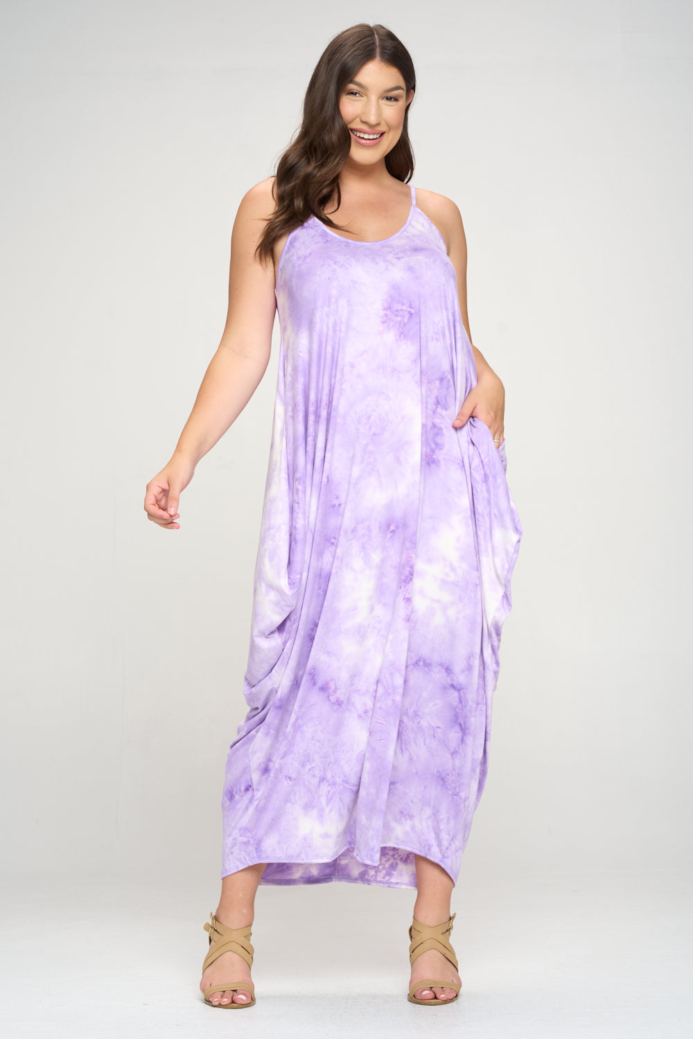 livd plus size boutique spaghetti strap harem dress in purple tie dye