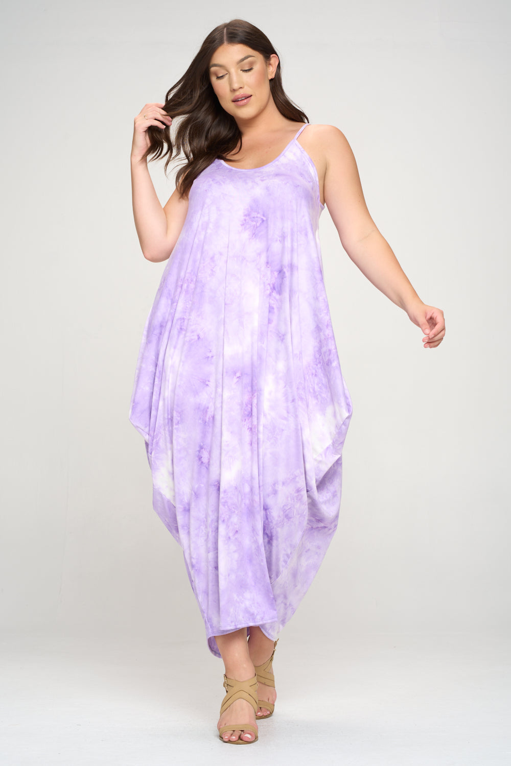 livd plus size boutique spaghetti strap harem dress in purple tie dye