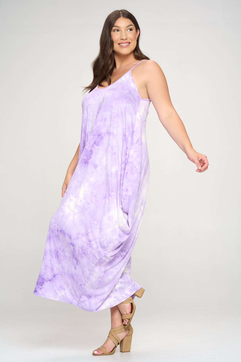 livd plus size boutique spaghetti strap harem dress in purple tie dye