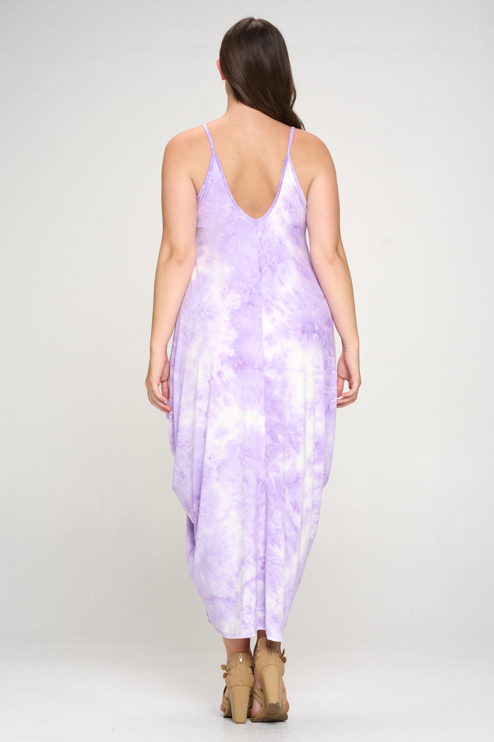 livd plus size boutique spaghetti strap harem dress in purple tie dye