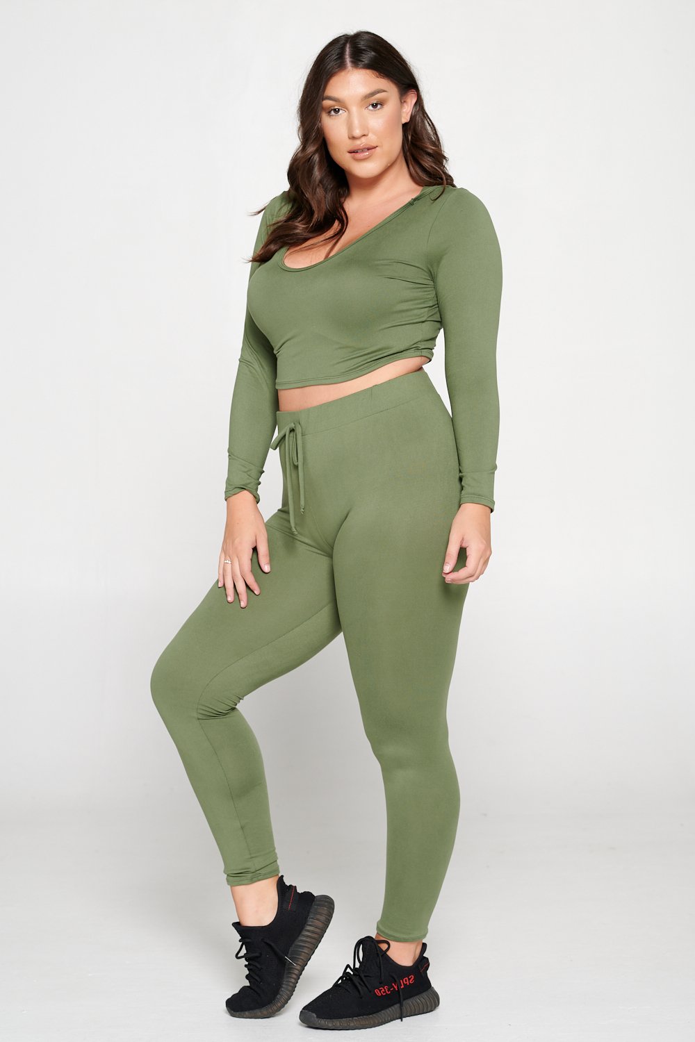 livd L I V D women's contemporary plus size  scoop neck crop hoodie and elastic band sweatpant with faux drawstring in moss green