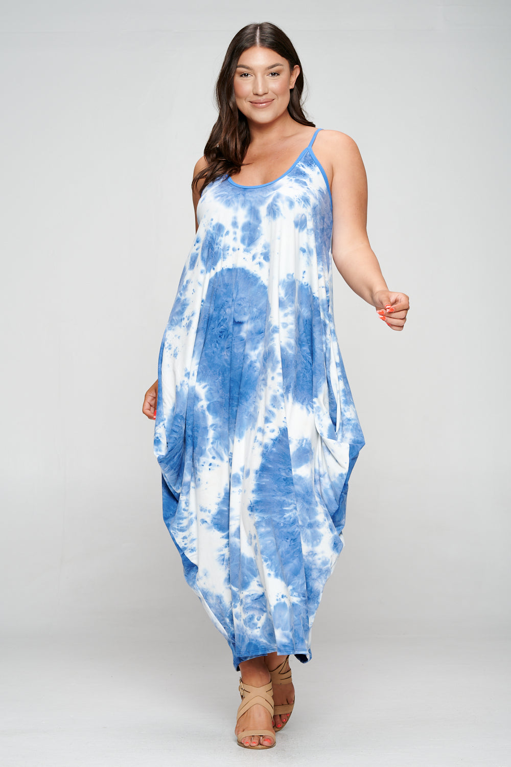 livd plus size boutique spaghetti strap harem dress in blue tie dye