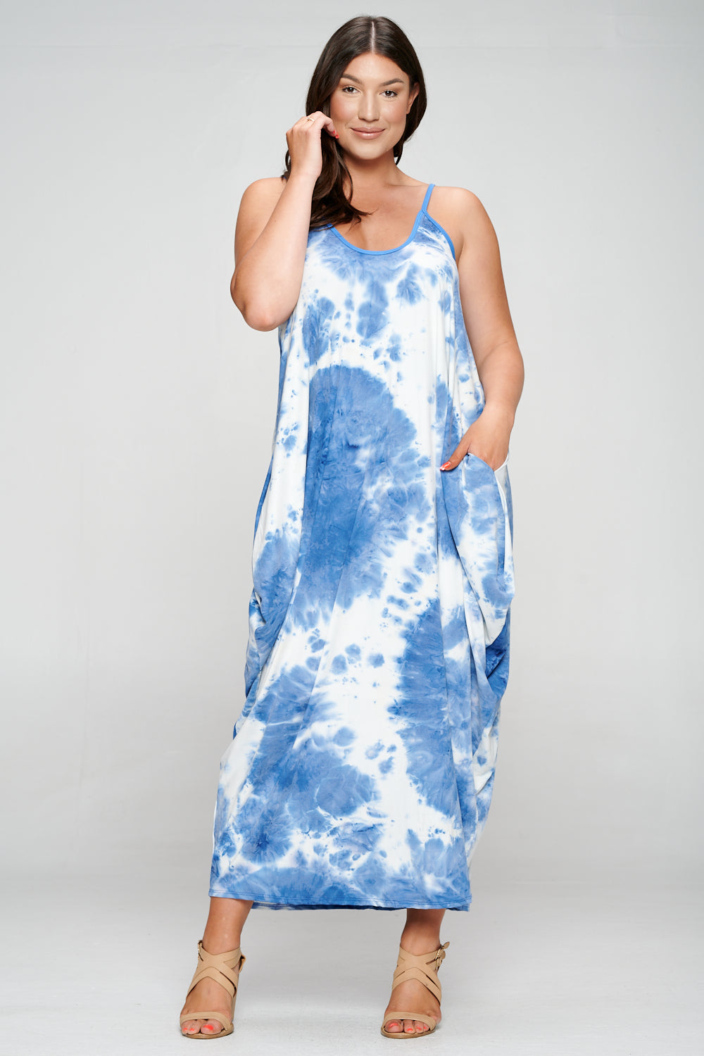 livd plus size boutique spaghetti strap harem dress in blue tie dye