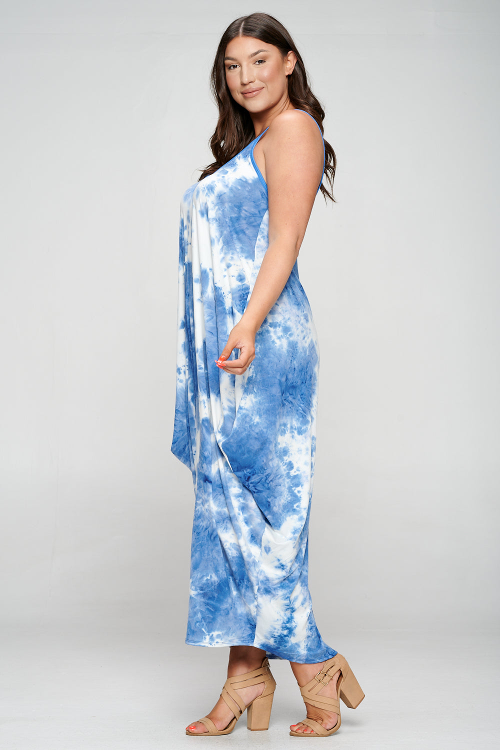 livd plus size boutique spaghetti strap harem dress in blue tie dye