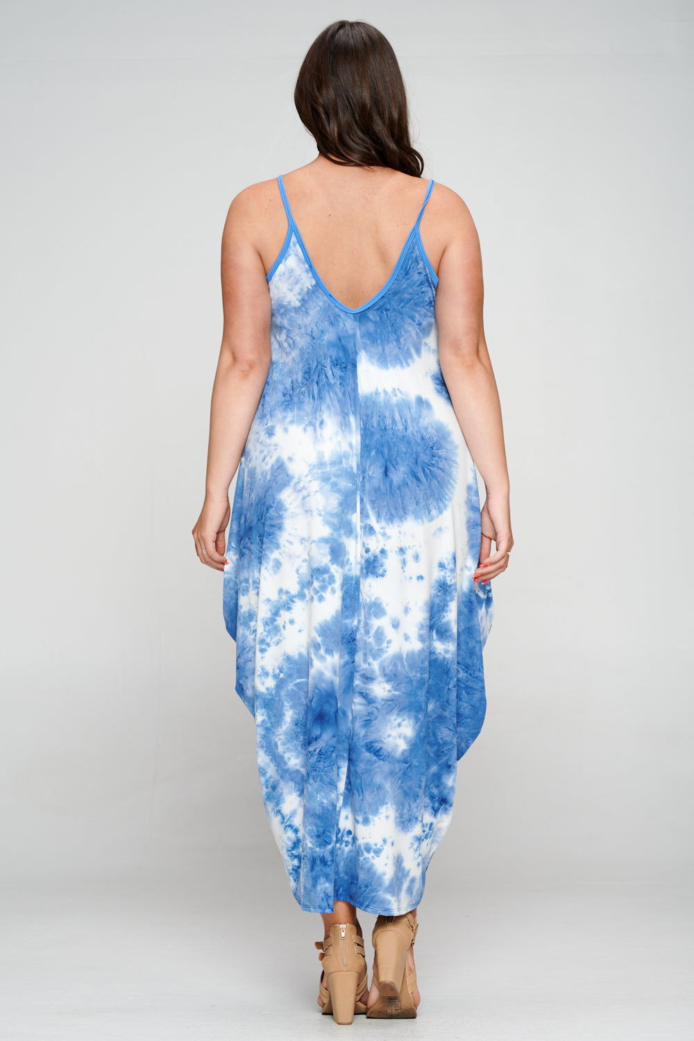 livd plus size boutique spaghetti strap harem dress in blue tie dye