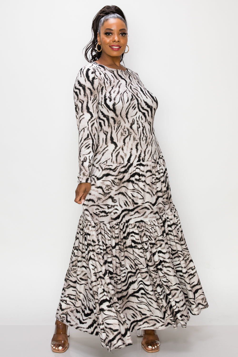 Tiger Striped Tiered Maxi Dress w/ Pockets - L I V D