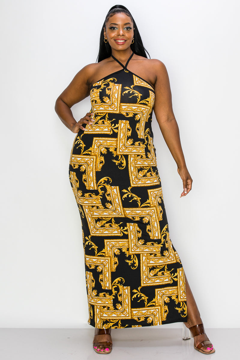 plus size black and gold baroque print halter neck dress