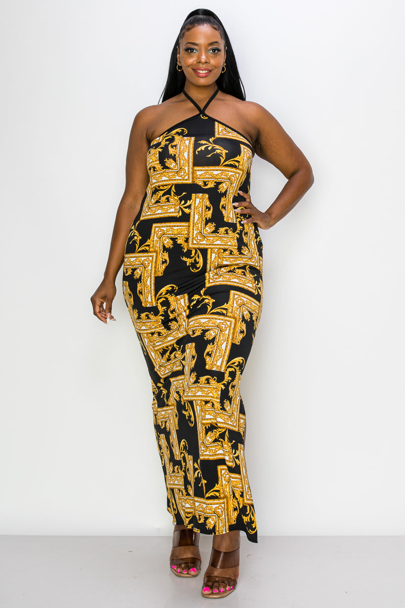 plus size black and gold baroque print halter neck dress