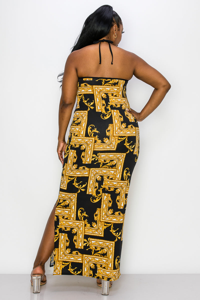 plus size black and gold baroque print halter neck dress